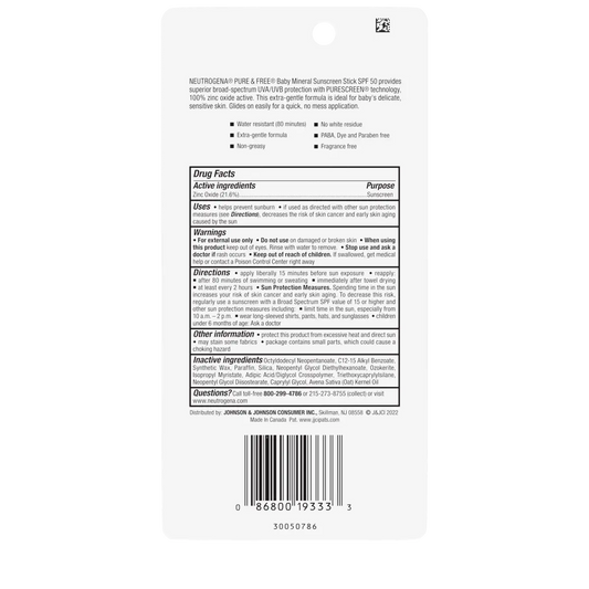 Neutrogena® Pure & Free Baby Sunscreen Stick Broad Spectrum SPF 50, 0.47 Oz - US 9675